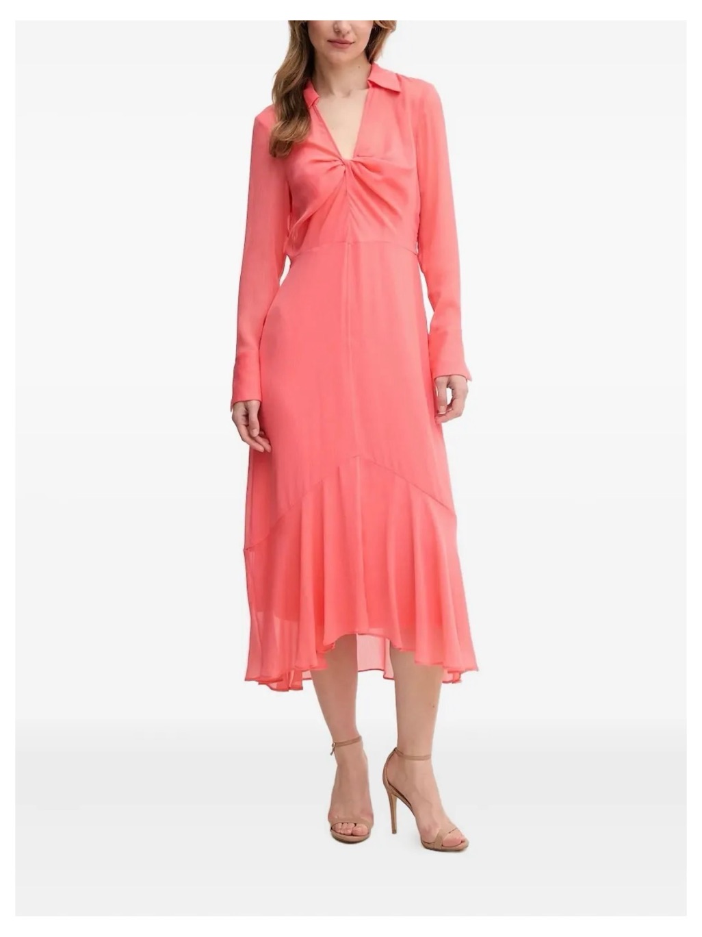 Dkny Coral Pink Long Sleeve Twist-Front Midi Dress